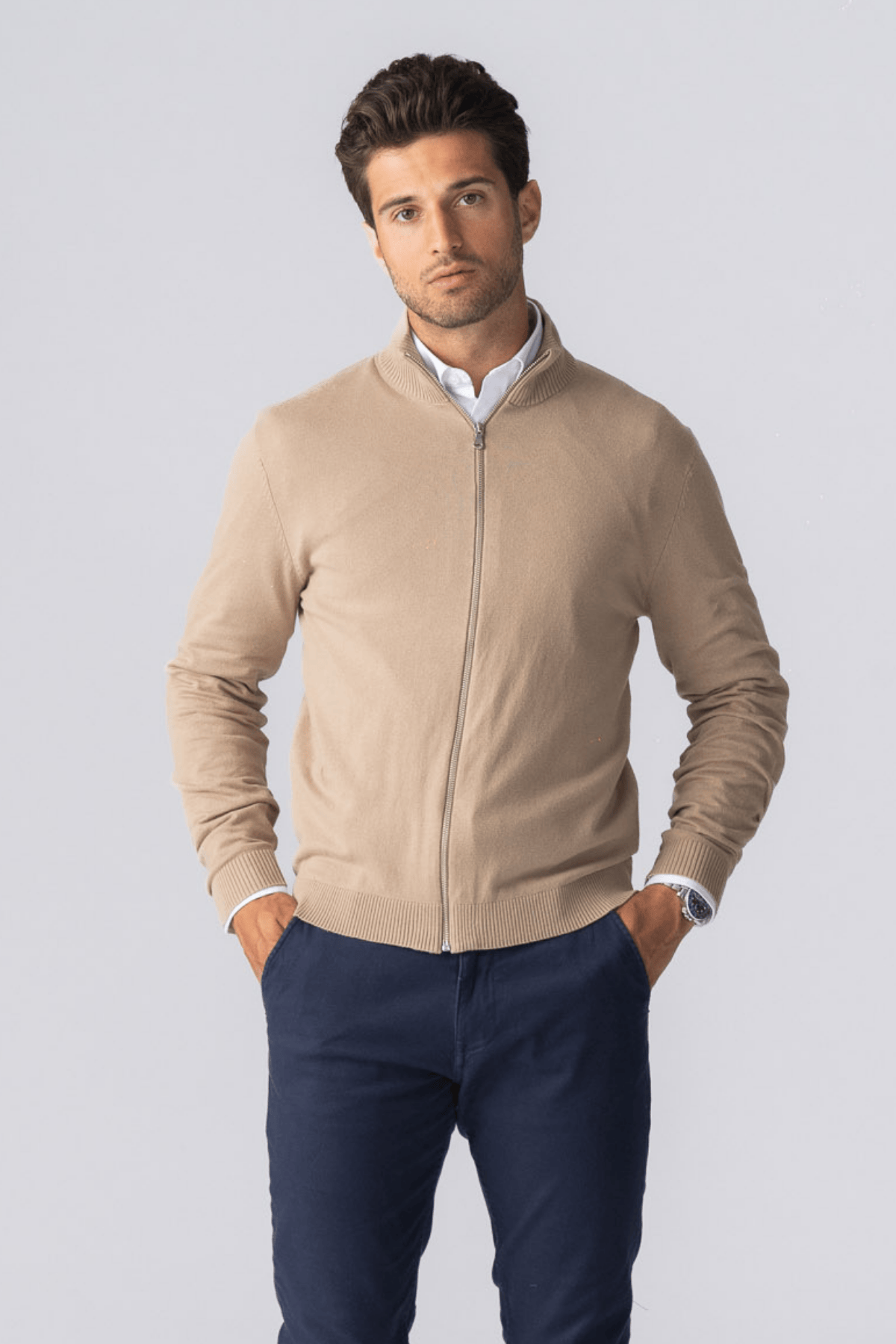 Pullover-Cardigan mit Reißverschluss – Sand