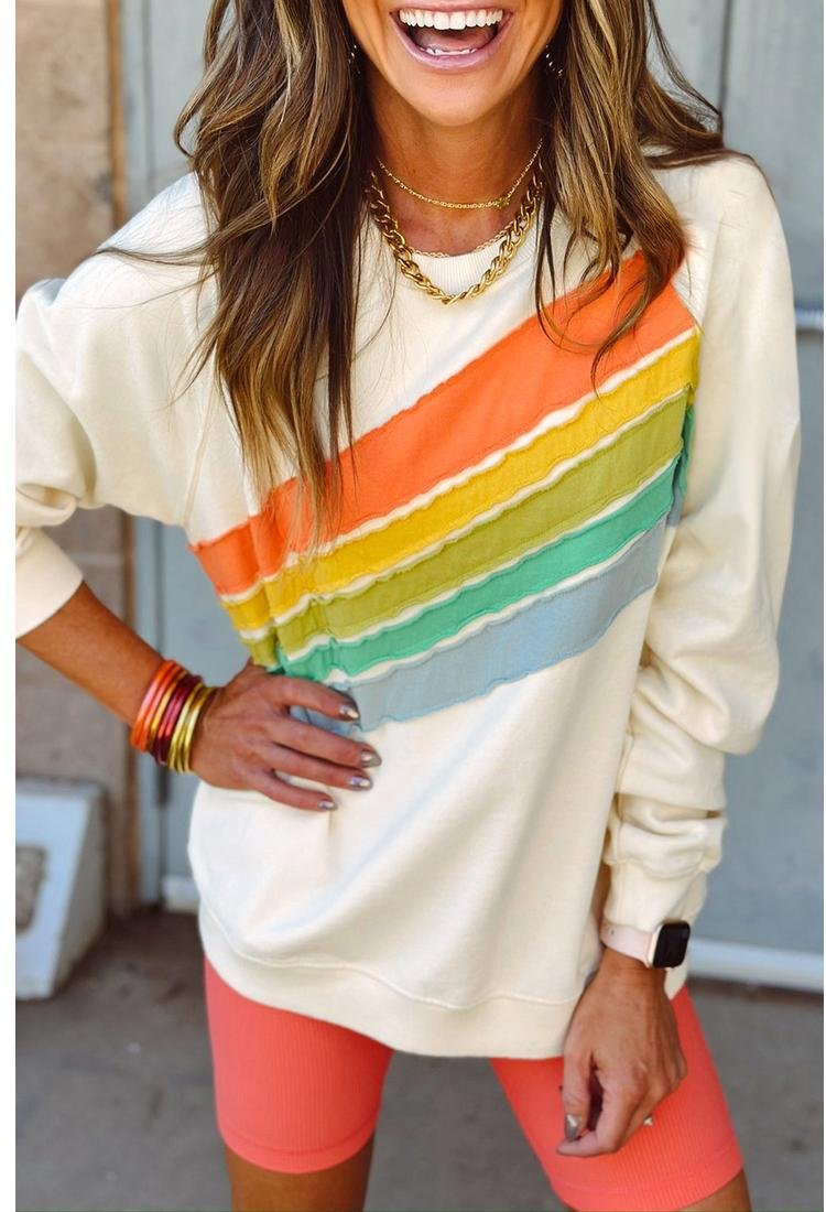Thumbnail - Azura Exchange Aprikosen-Regenbogen Farbblockgestreifter Pullover Sweatshirt