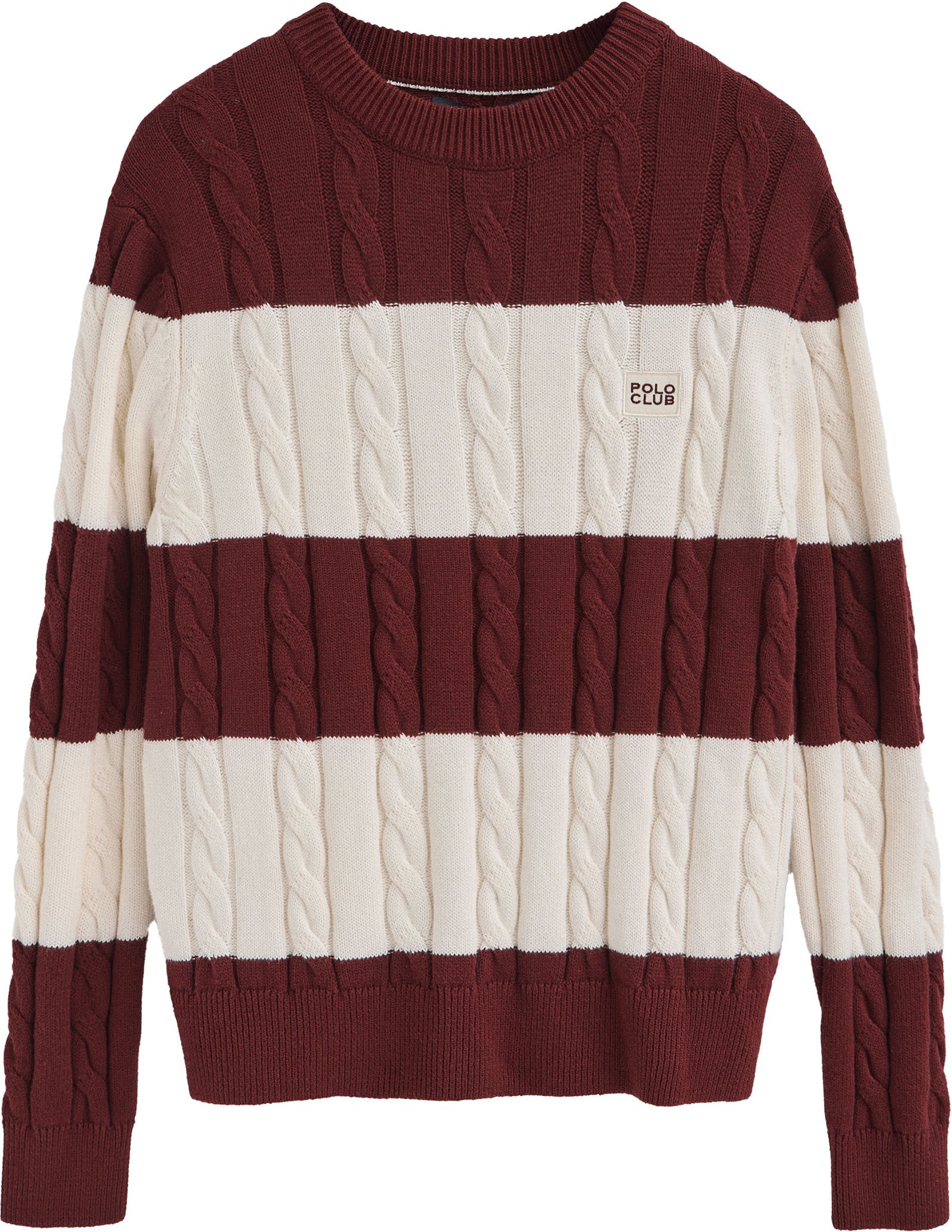 Strickpullover granatrot und ecru gestreift mit Zopfmuster und Polo Club-Patch