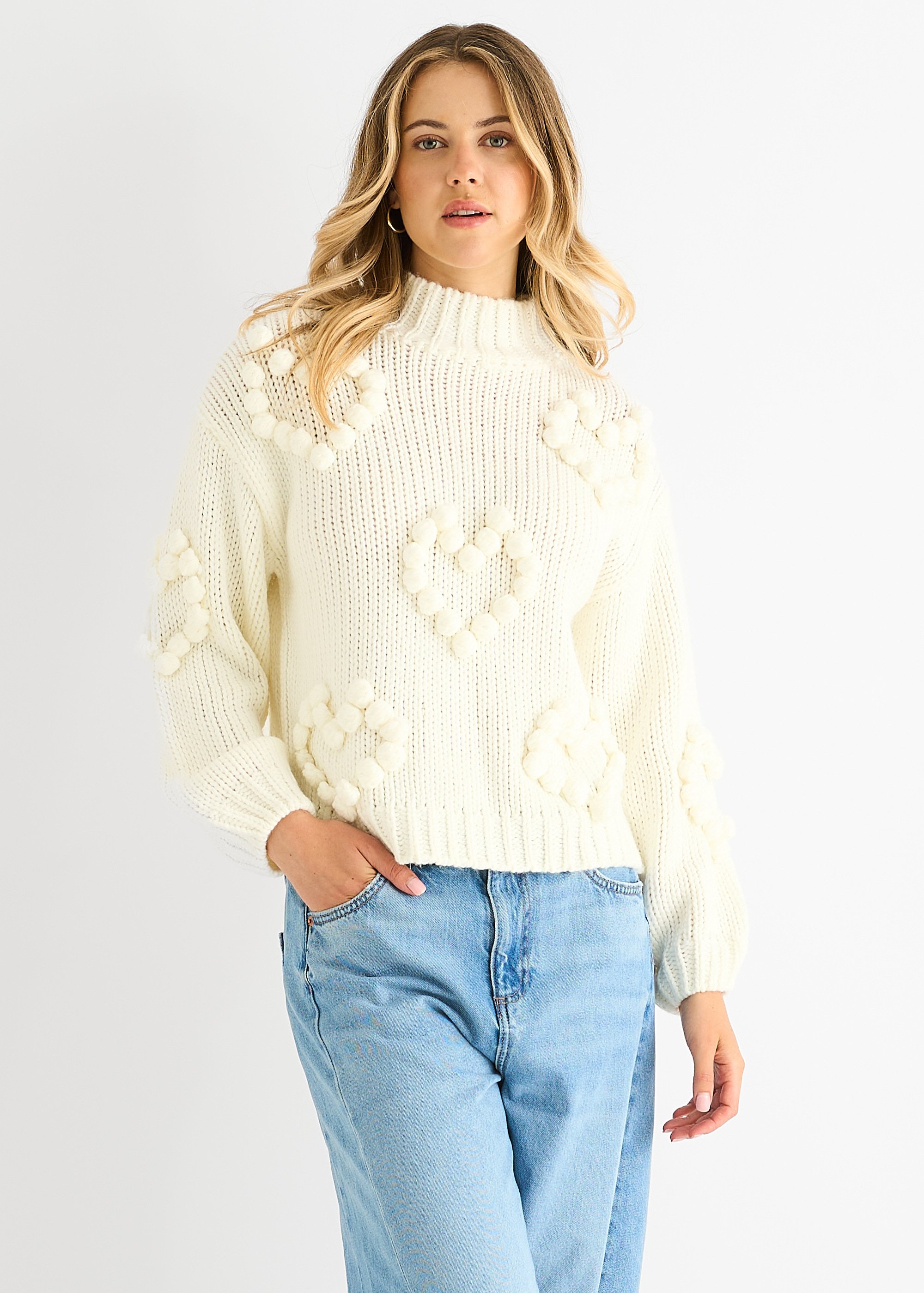 Creme Herz Blase klobig stricken hohen Hals Pullover