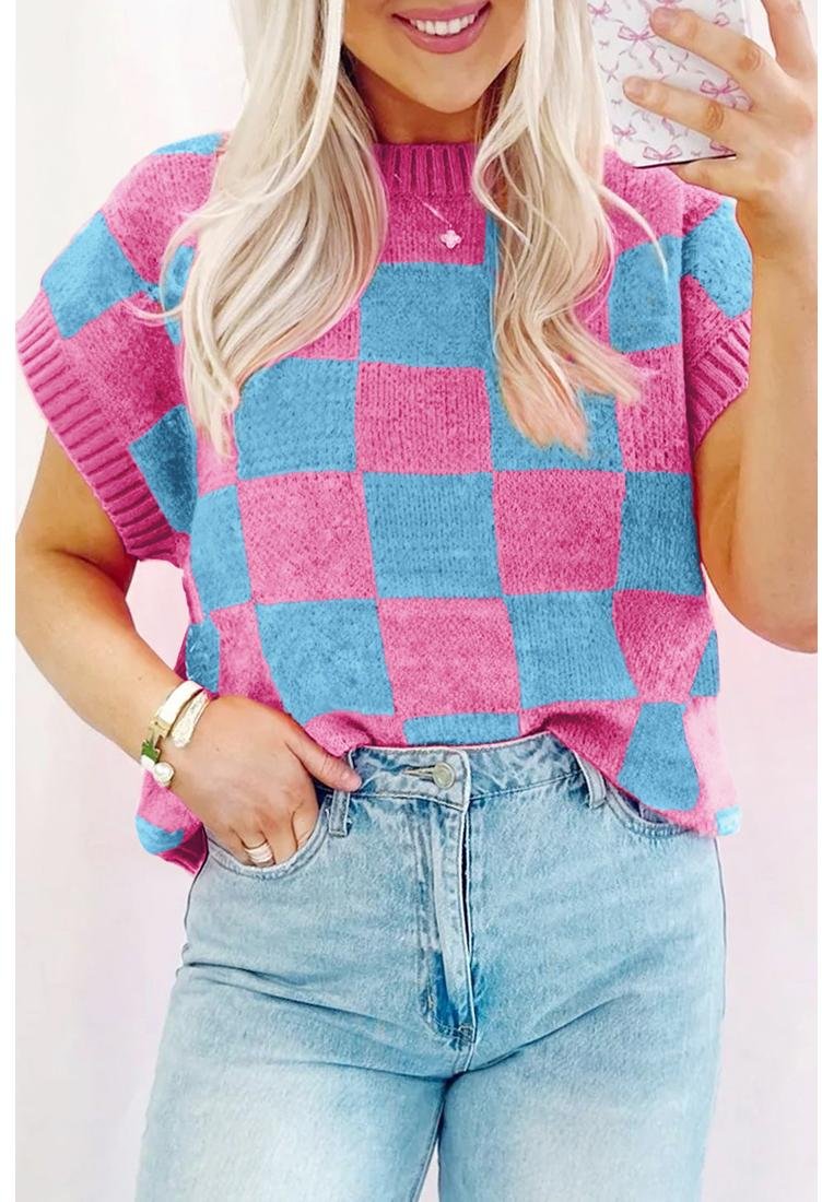 Thumbnail - Azura Exchange Säckchen Rosa Farbblock Karomuster Rippbesatz Pullover Tanktop