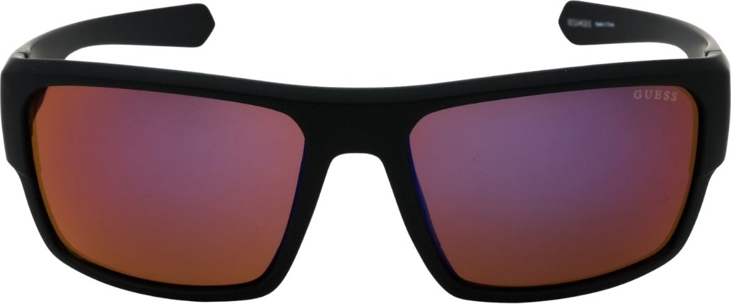 Guess – Schwarze Sonnenbrille mit gebogenem Rahmen und rosa Gläsern
