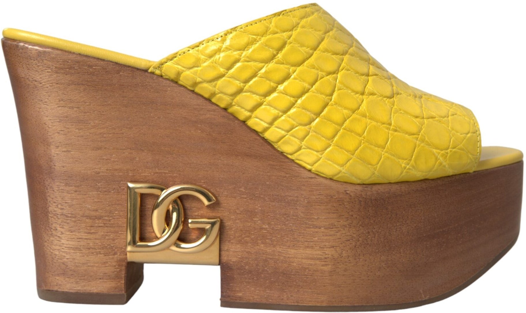 Dolce & Gabbana Gelbe Leder Holz Wedge Slides Schuhe
