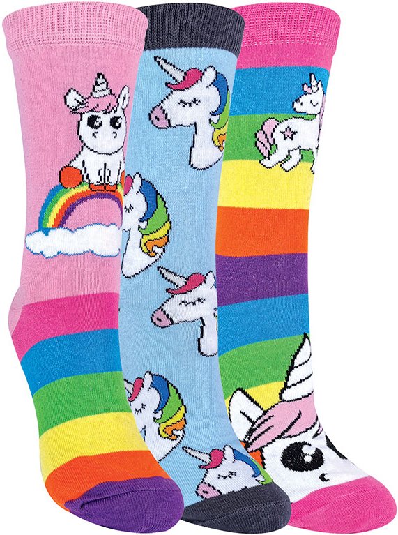 Thumbnail - Childrens Mädchen 3 Pack mythische Einhorn gestreift Regenbogen Thema Socken
