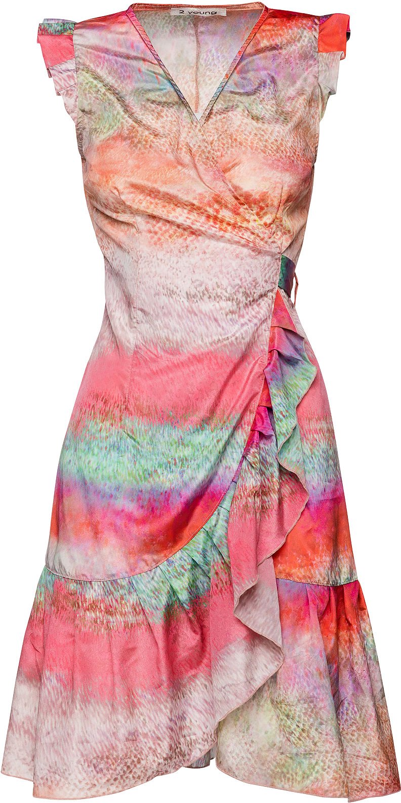 Thumbnail - Kleid aus leichtem Satin mit abstraktem Druck in Sonnenuntergangsfarben