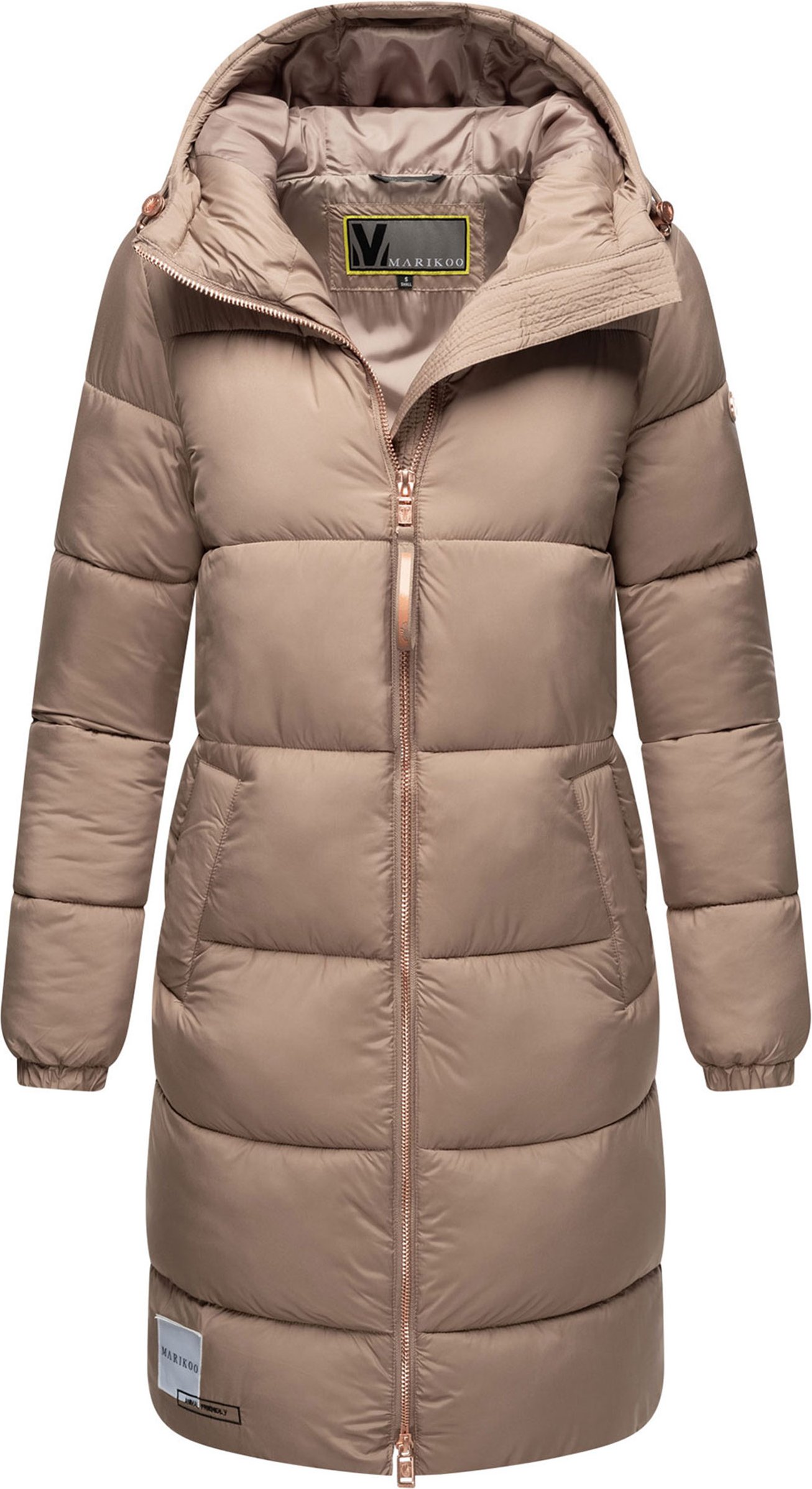 Marikoo lange Damen Steppjacke mit Kapuze & Kragen – Modell Nomadiaa