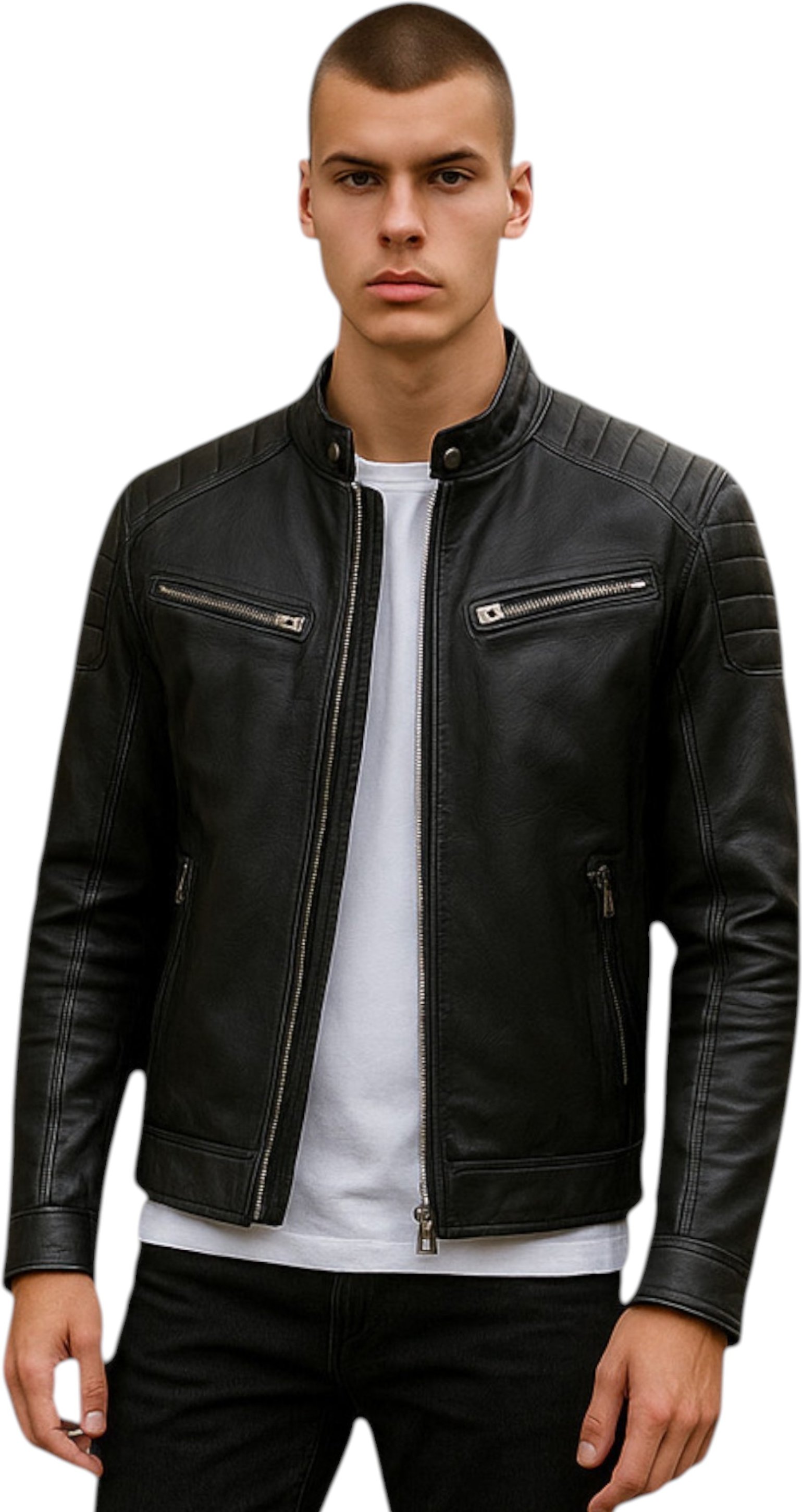 Moderne, klassische, gesteppte Bikerjacke aus schwarzem Leder für Herren – Mackay
