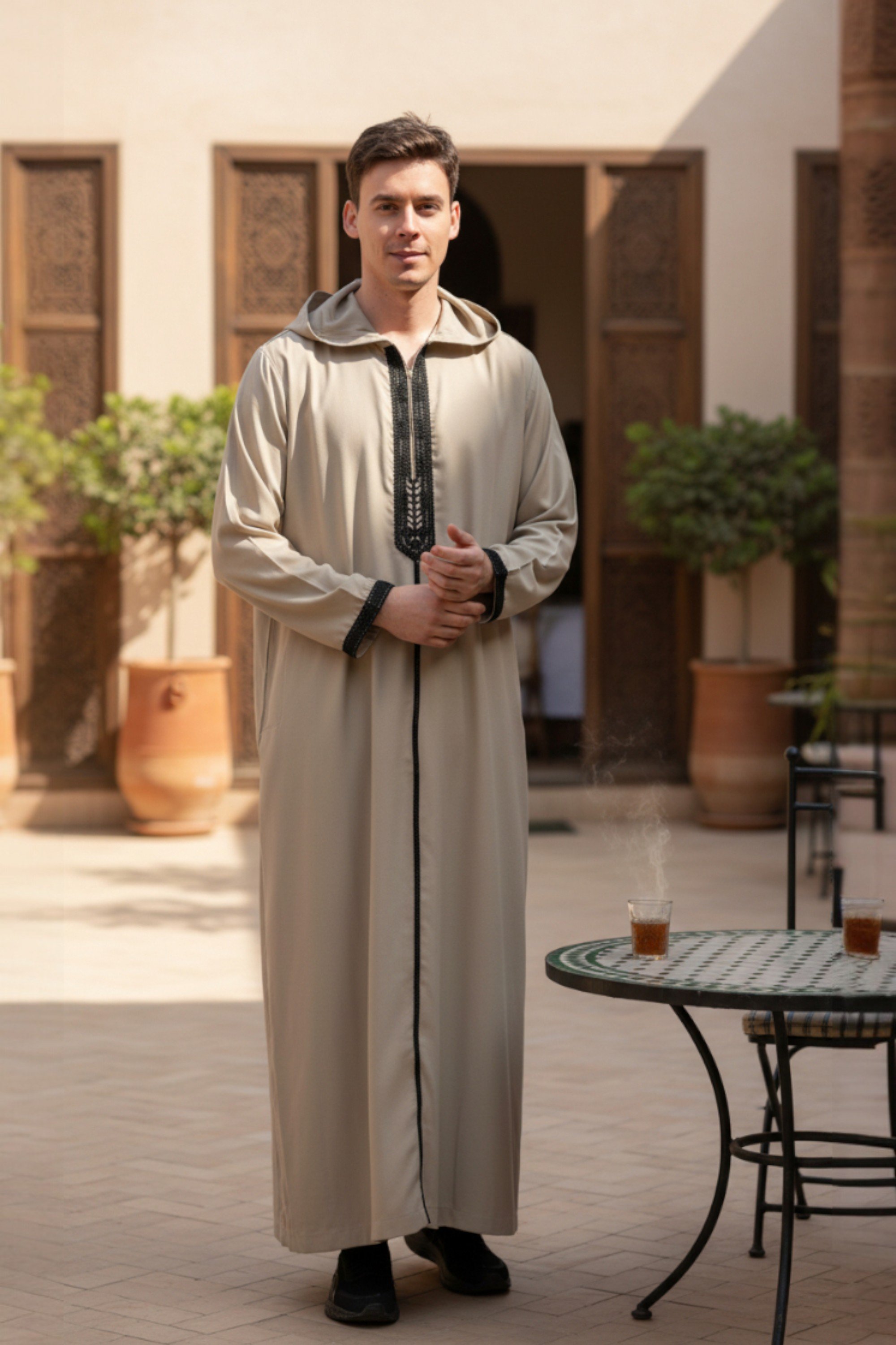 Graue Eid-Kapuzen-Marokkaner-Thobe-Robe für Herren, Djellaba, Gandoura, Ramadan, Jubba, LFS-HM3