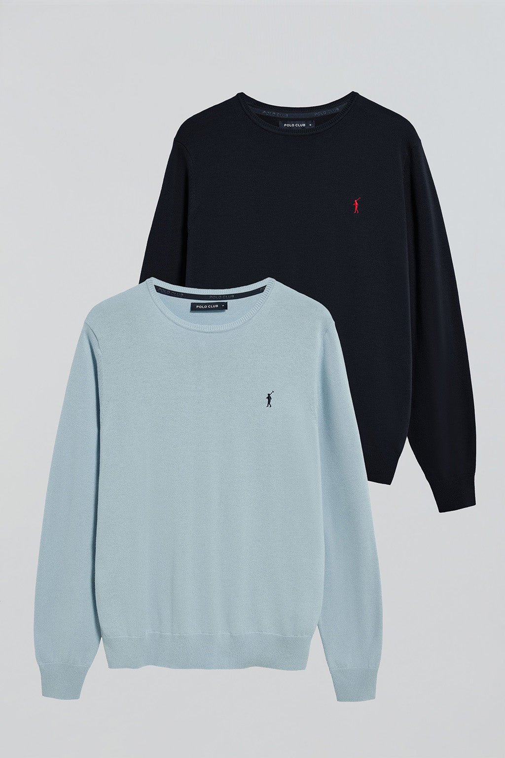 Pack van twee gebreide truien met ronde hals en geborduurd Rigby Go-logo in marineblauw en lichtblauw