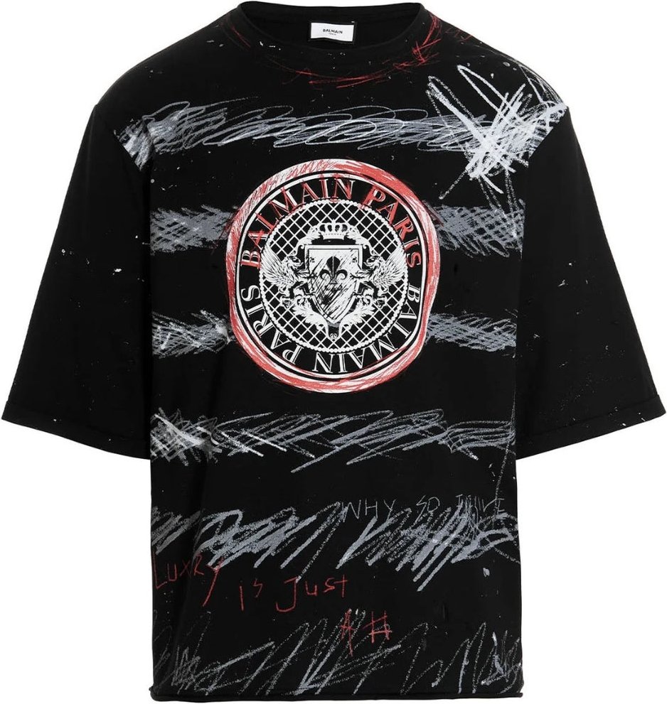 Balmain Paris - Schwarzes T-shirt Mit Graffiti-münzlogo