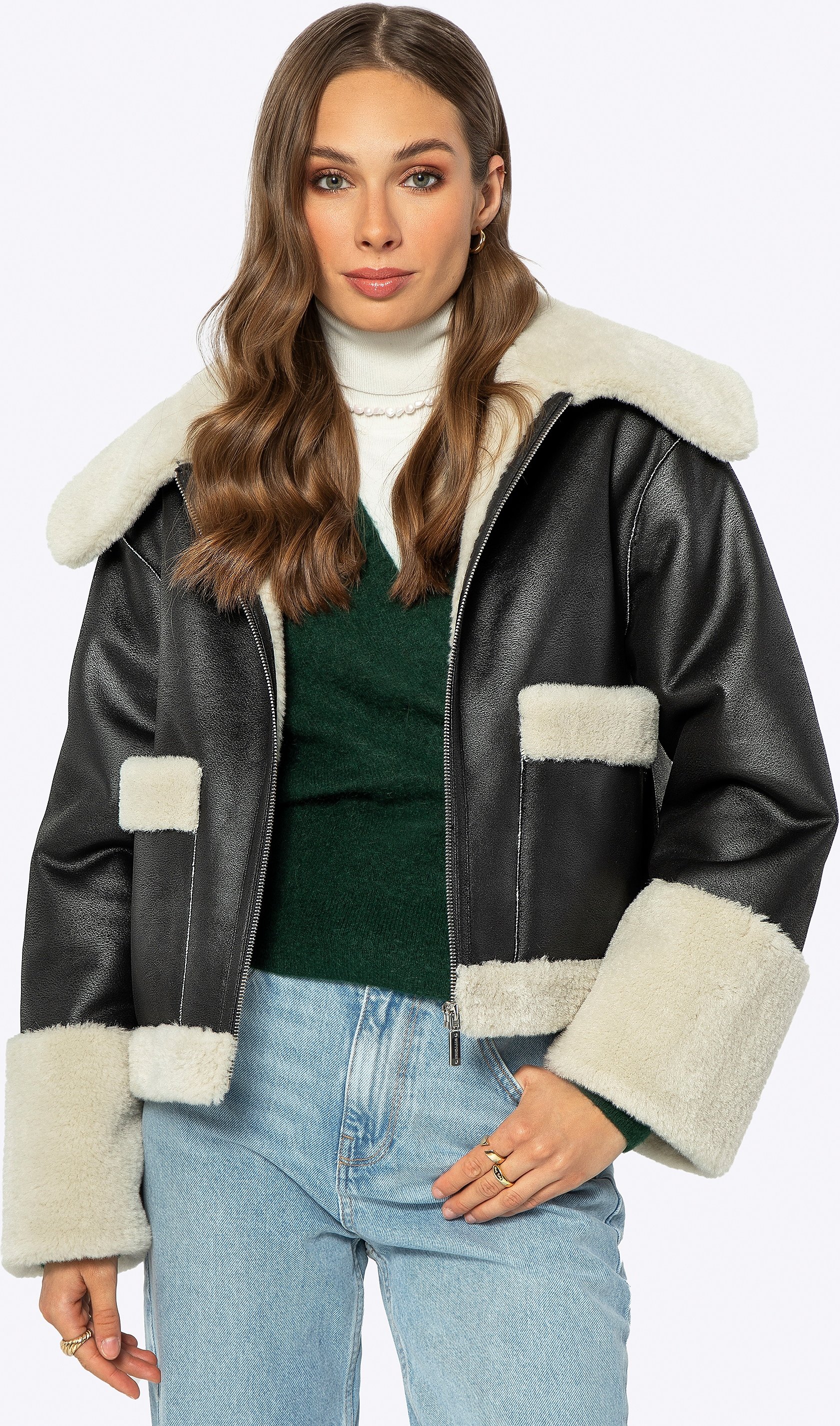 Wittchen Damen-Kurzjacke mit Kunstpelz, schwarzes Kunstleder