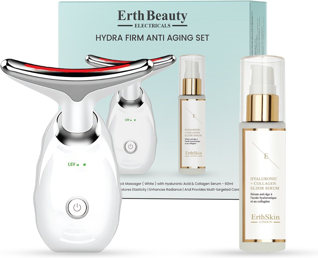 Hydra Firm Anti-Aging Set (ALTER-DEFINIERENDER GESICHTS- UND HALSMASSAGER - weiß mit HA-Serum)