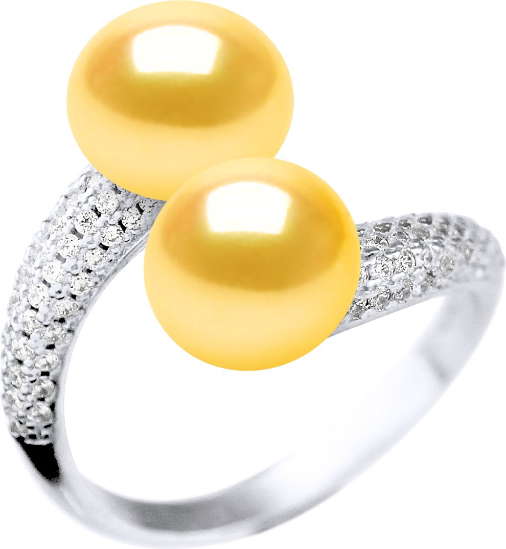 Ring YOU AND ME 2 Wasserperlen 9-10mm Sweet Yellow Golden Jewelry 925