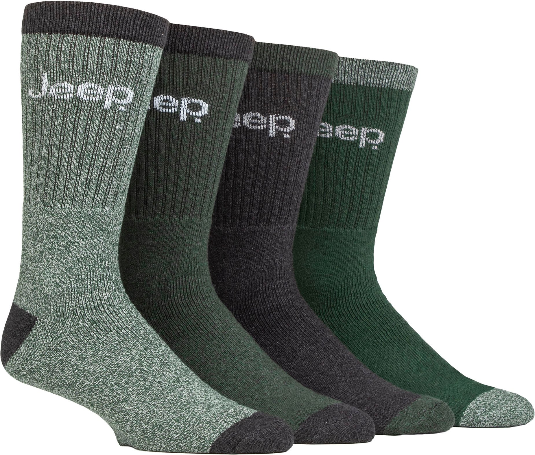 Mens Recycled Cotton Socken | Jeep | 4 Pack dicken Strick voll gepolstert Boot Socken - Grün / Charcoal