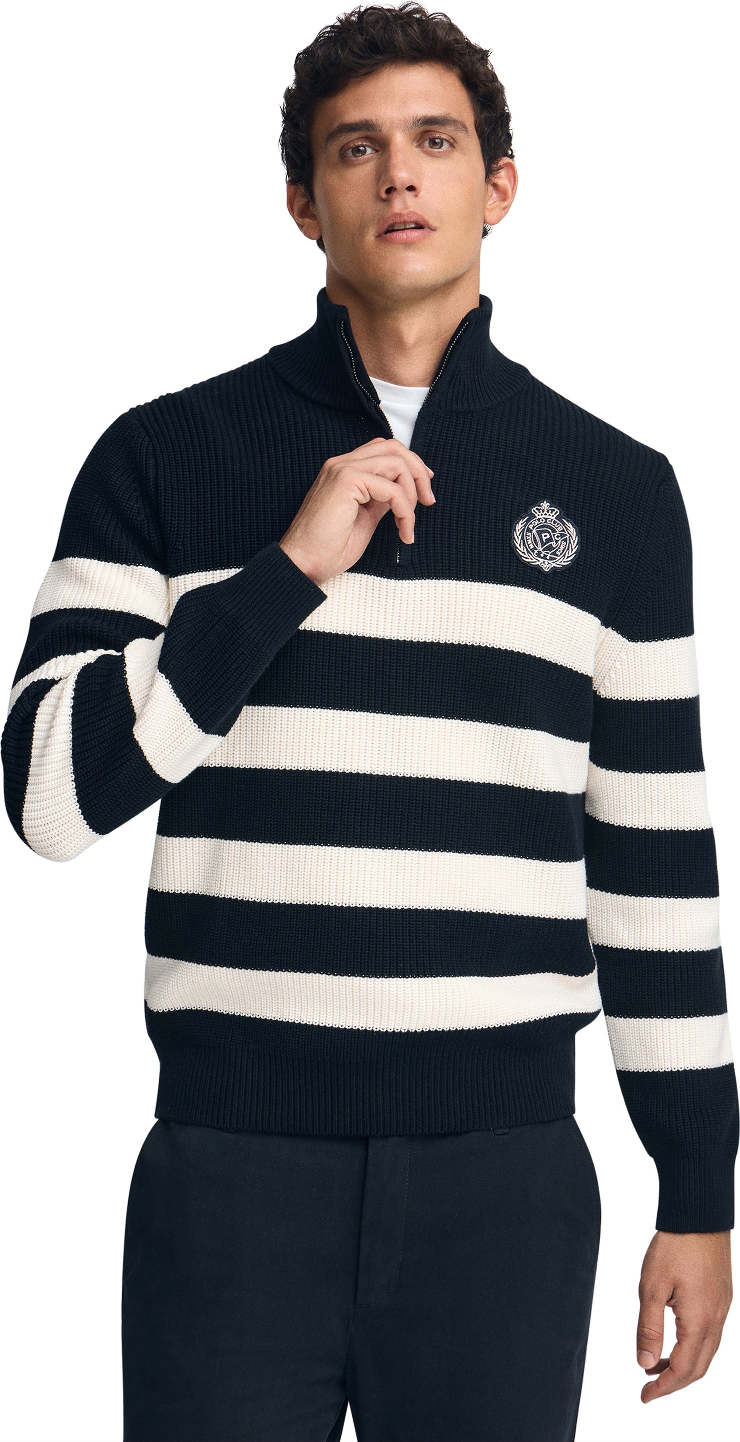 Pullover marineblau und ecru gestreift mit maritimem Polo Club-Patch