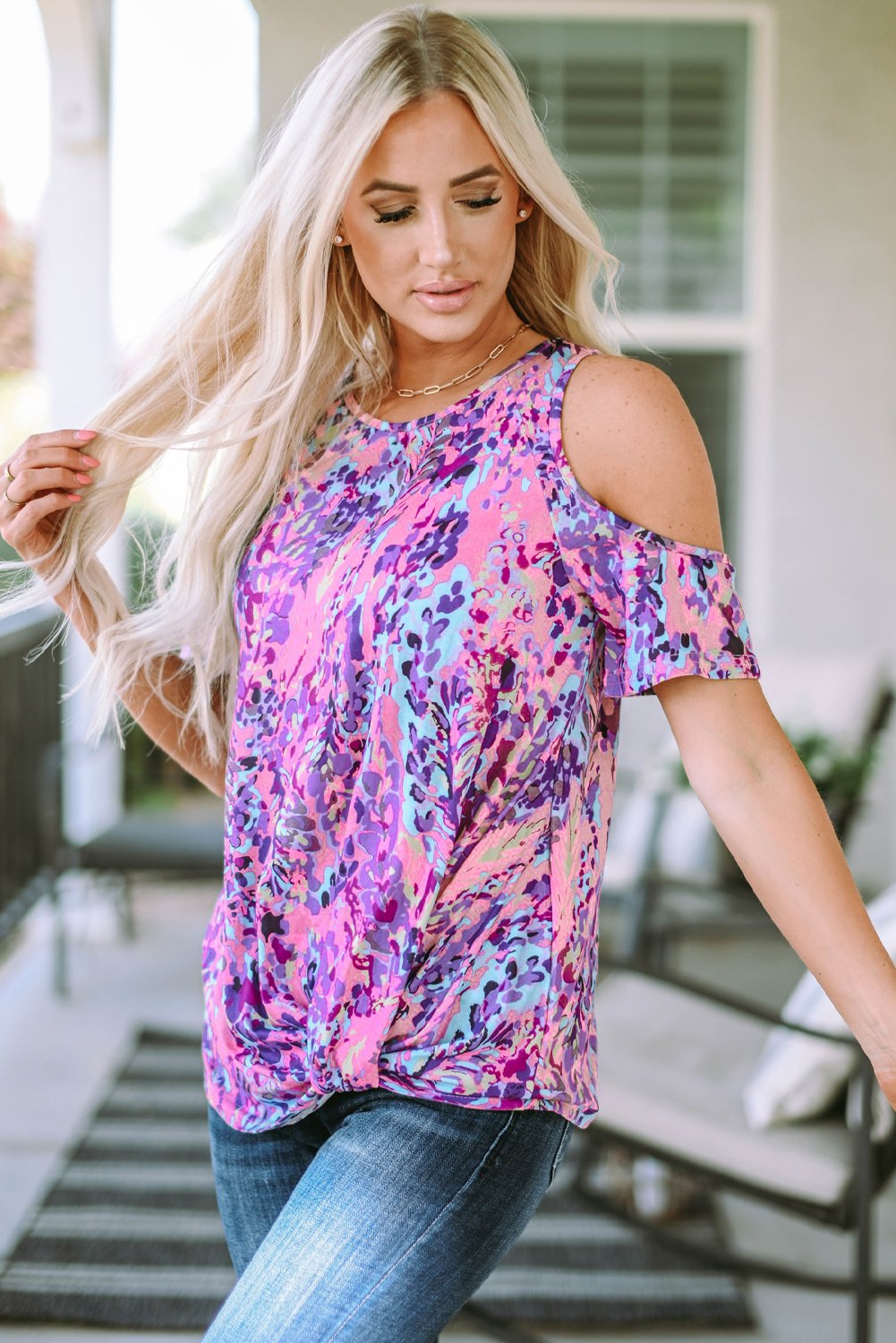 Mehrfarbige Lavendel Blumenmuster Cold Shoulder Bluse