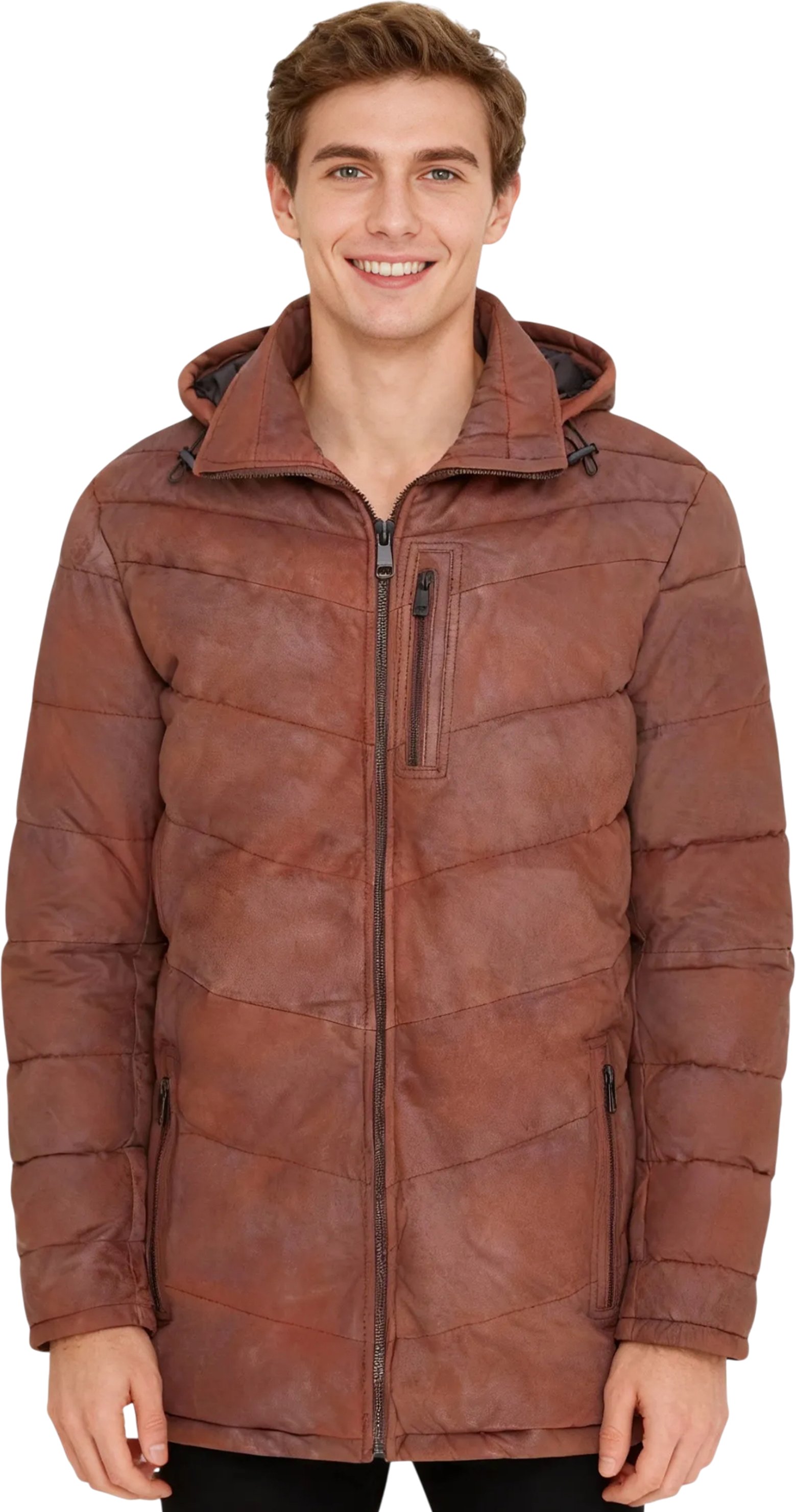 Herren-Steppjacke aus hellbraunem Leder mit abnehmbarer Kapuze, Puffer-Wintermantel – Orion