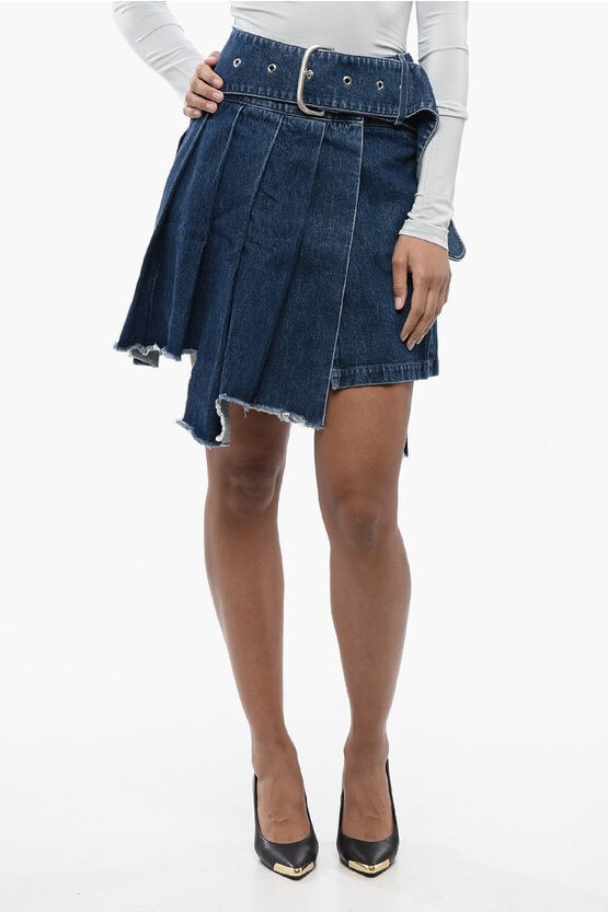 Plissierter, asymmetrischer Jeansrock in Blau