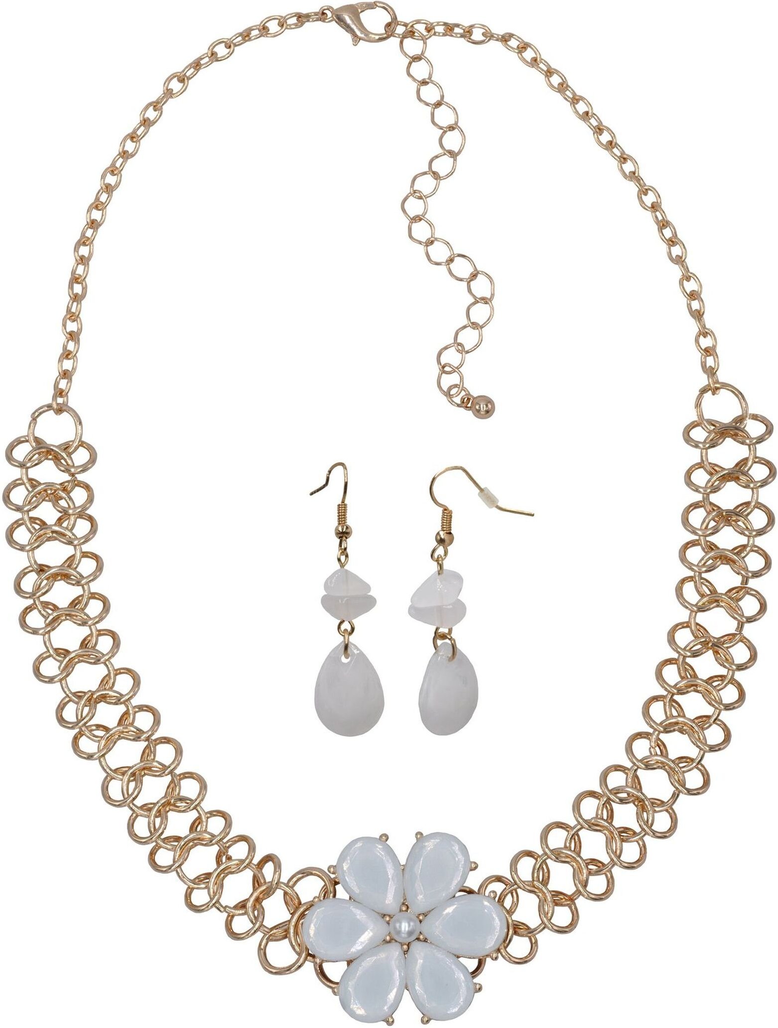 Steuer Modeschmuck Kette Ohrhänger Metall gelb glänzend Blume Glasstein weiß