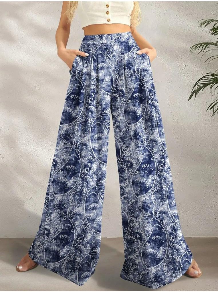 Bedruckte Hose mit weitem Bein und Taschen