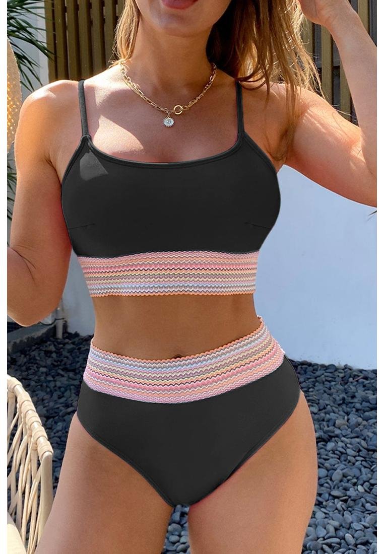 Thumbnail - Schwarzer gestreifter Patchwork-Spaghetti-Träger Hochbund-Bikini Badeanzug