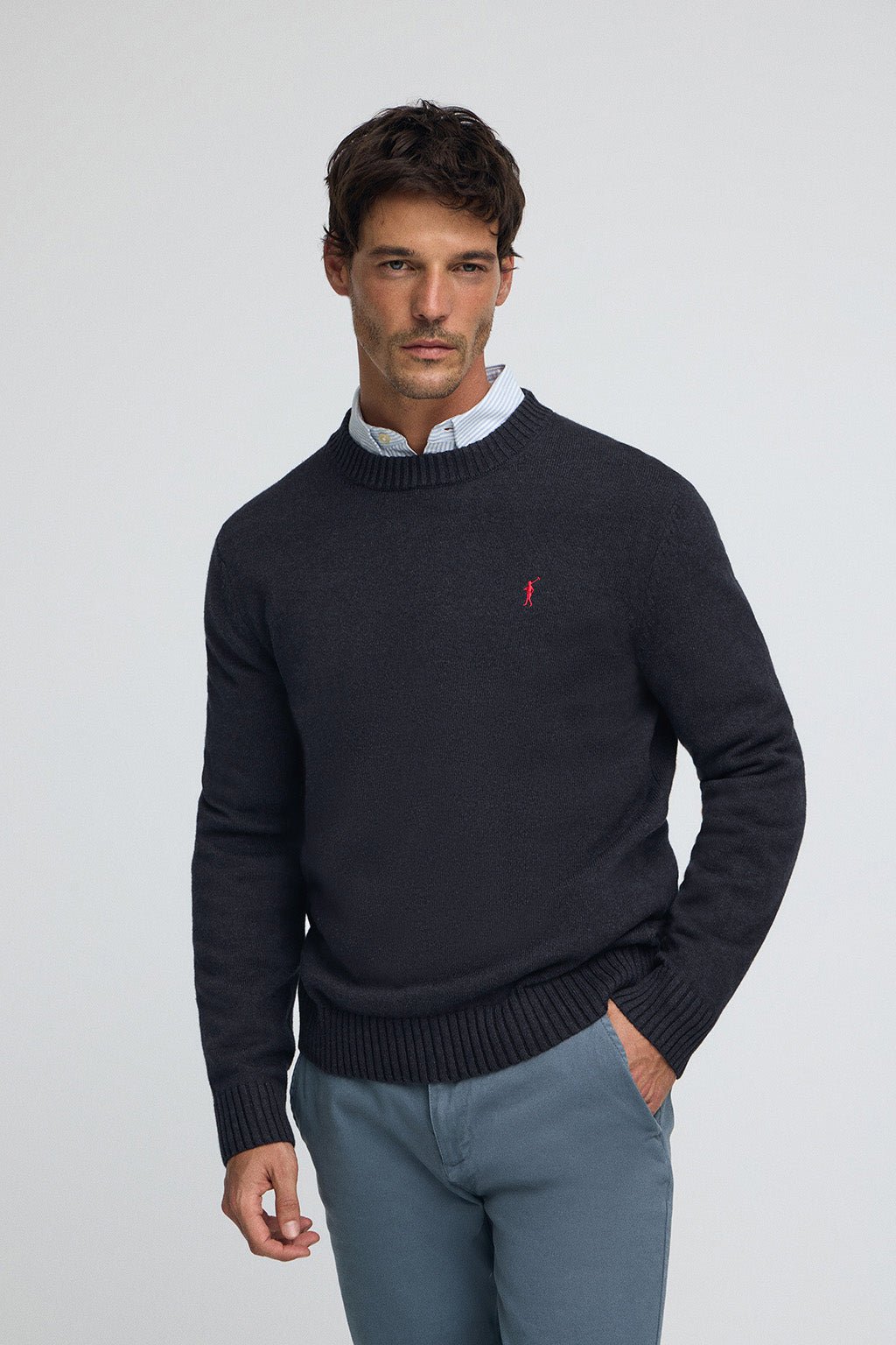 Pullover marineblau meliert aus Wollgemisch mit gesticktem Rigby Go-Logo