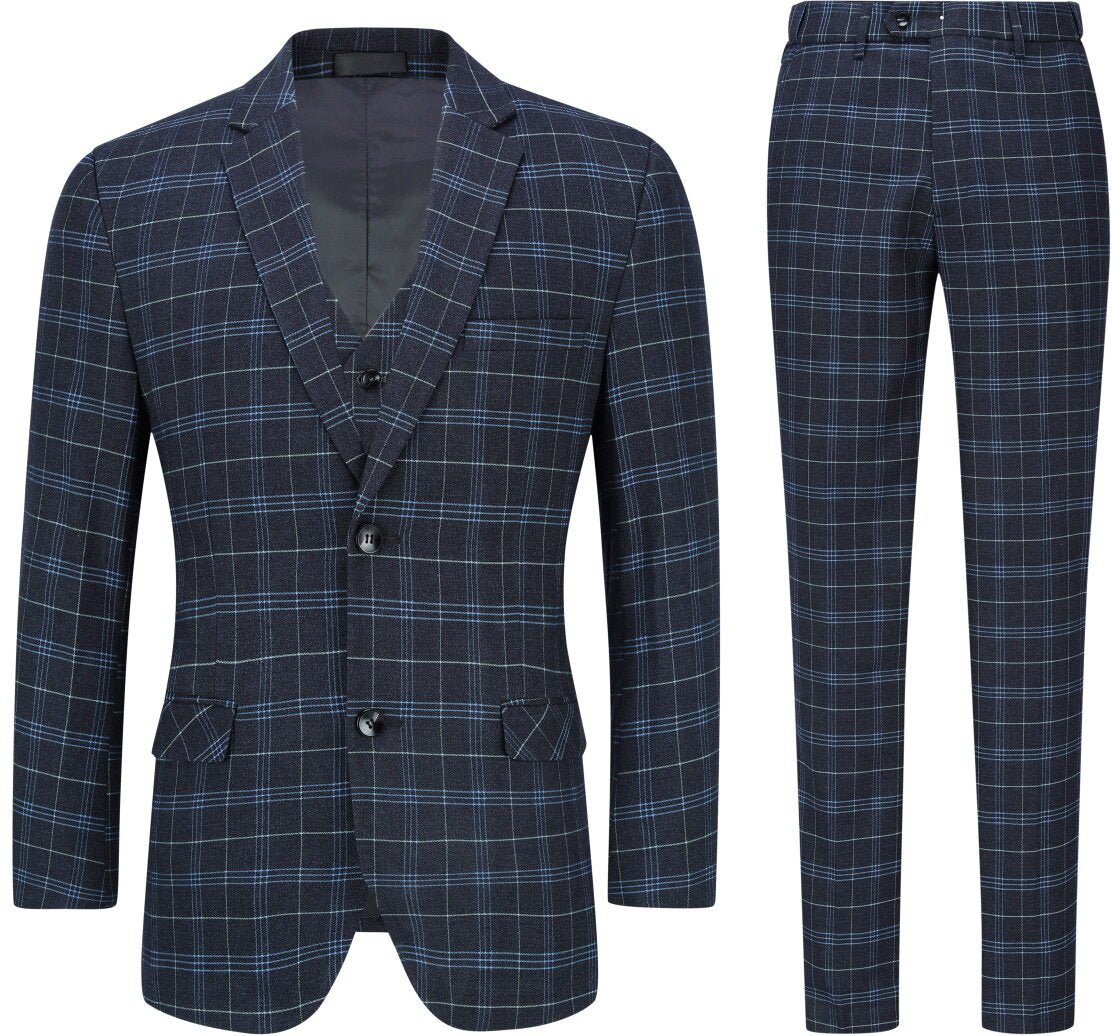 3-teiliger Slim Fit Herrenanzug mit Vintage-Karomuster, schwarz