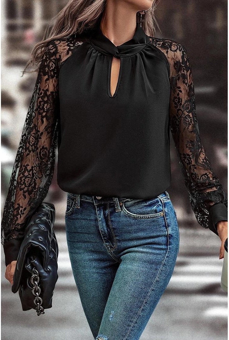 Thumbnail - Azura Exchange Schwarze Bluse mit Schlüssel-Ausschnitt und floralem Spitze-Raglanarm