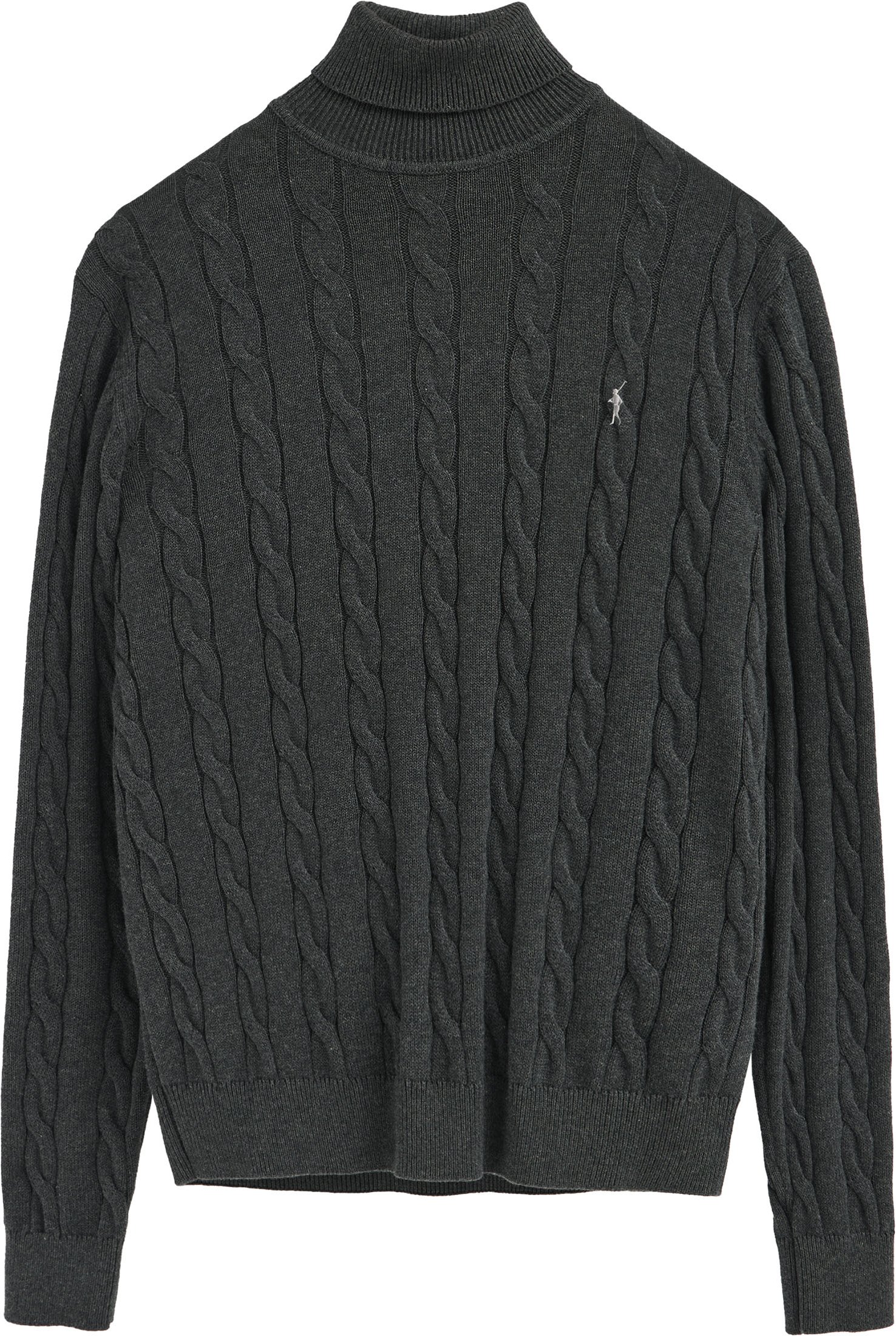 Rollkragenpullover dunkelgrau meliert aus Wollgemisch mit gestricktem Zopfmuster und gesticktem Rigby Go-Logo