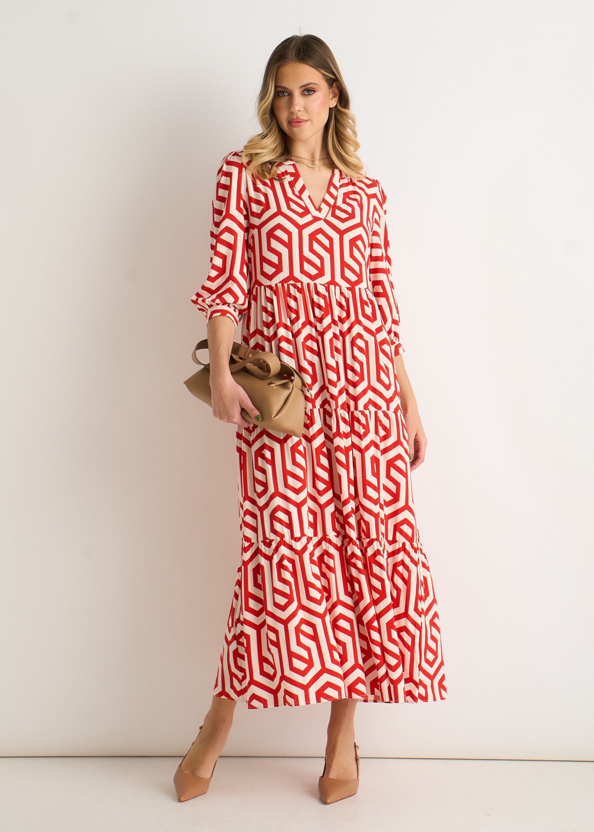 Rotes Geo Print Smock Maxikleid