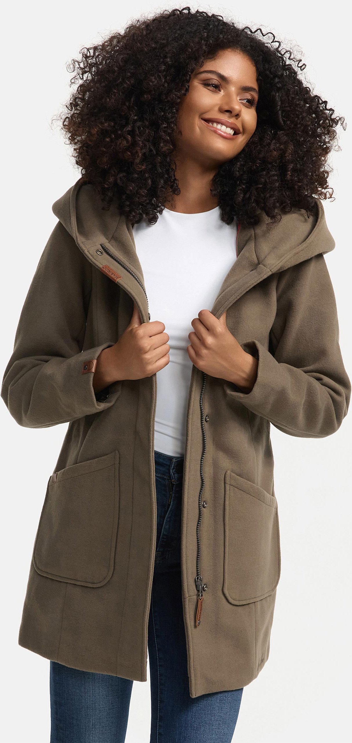 Marikoo Damen Wintermantel mit Kapuze und tailliertem Schnitt