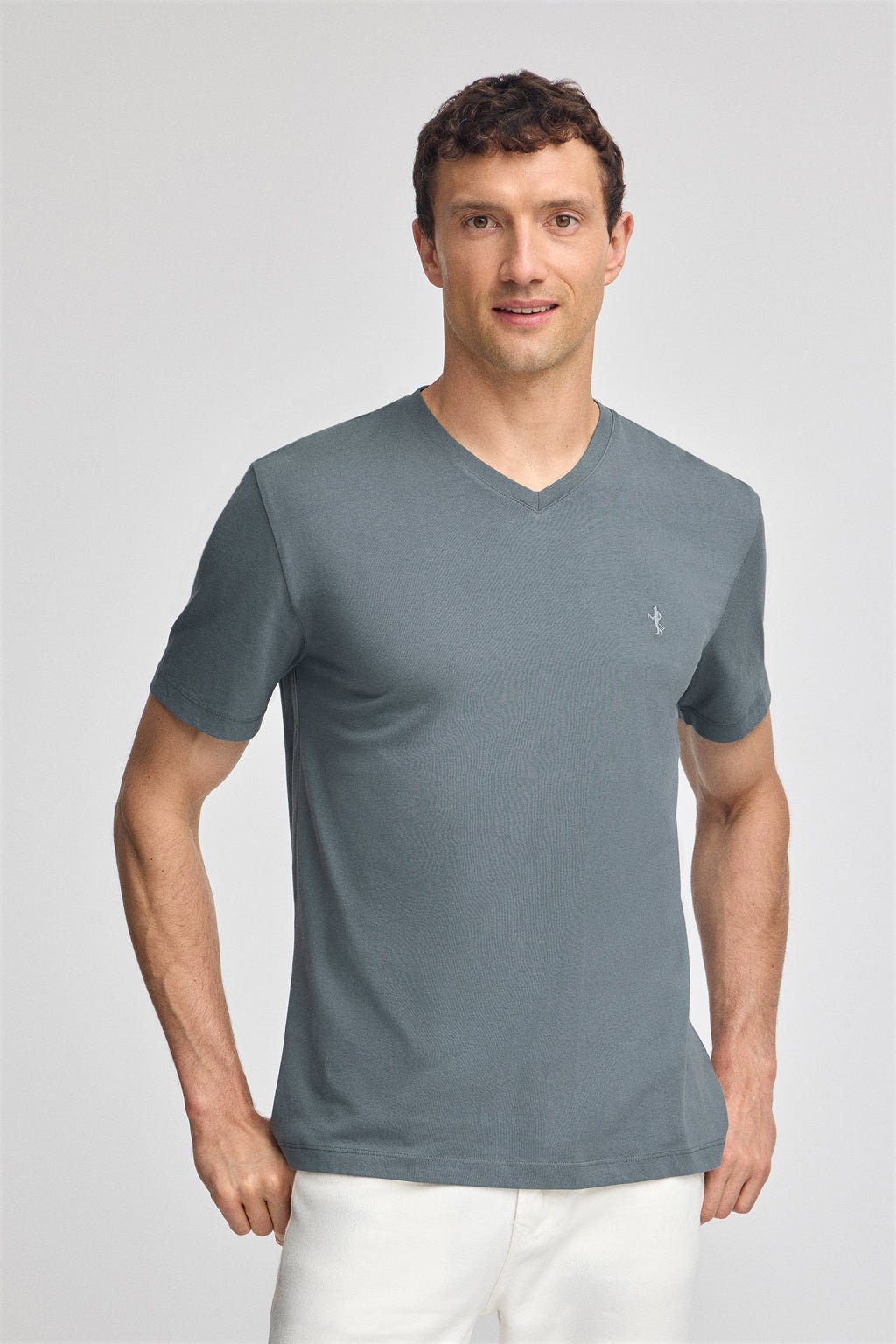 Kurzärmliges T-Shirt steingrau mit V-Ausschnitt und gesticktem Rigby Best-Logo