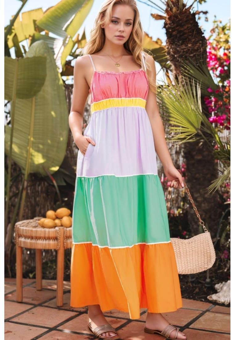 Thumbnail - Damen Farbblock Fließendes Stufen Maxi-Kleid mit Taschen