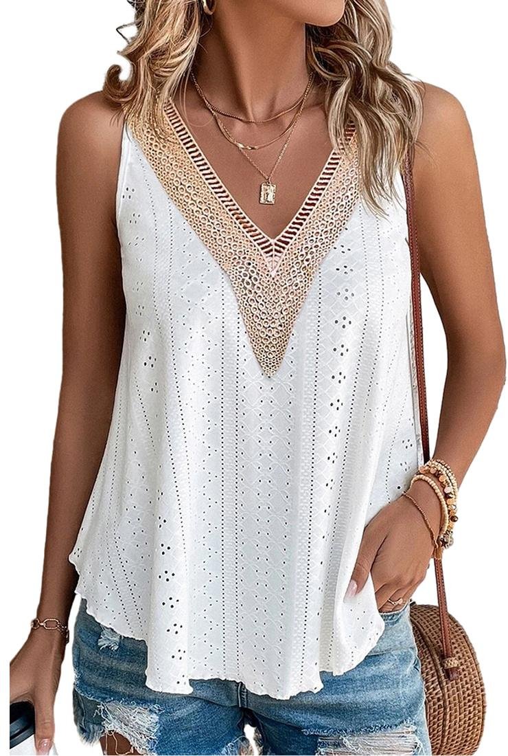Thumbnail - Azura Exchange Weißes Spitzen-Häkel-Mix V-Ausschnitt Lockere Passform Tanktop