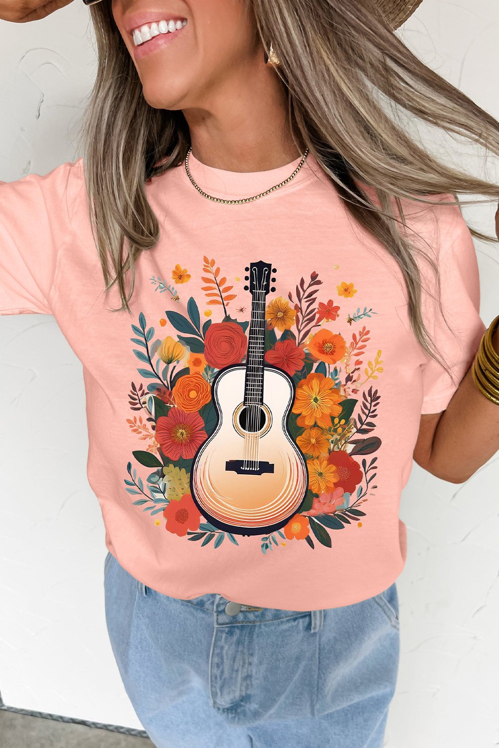 Blumen-Gitarre Grafik T-Shirt