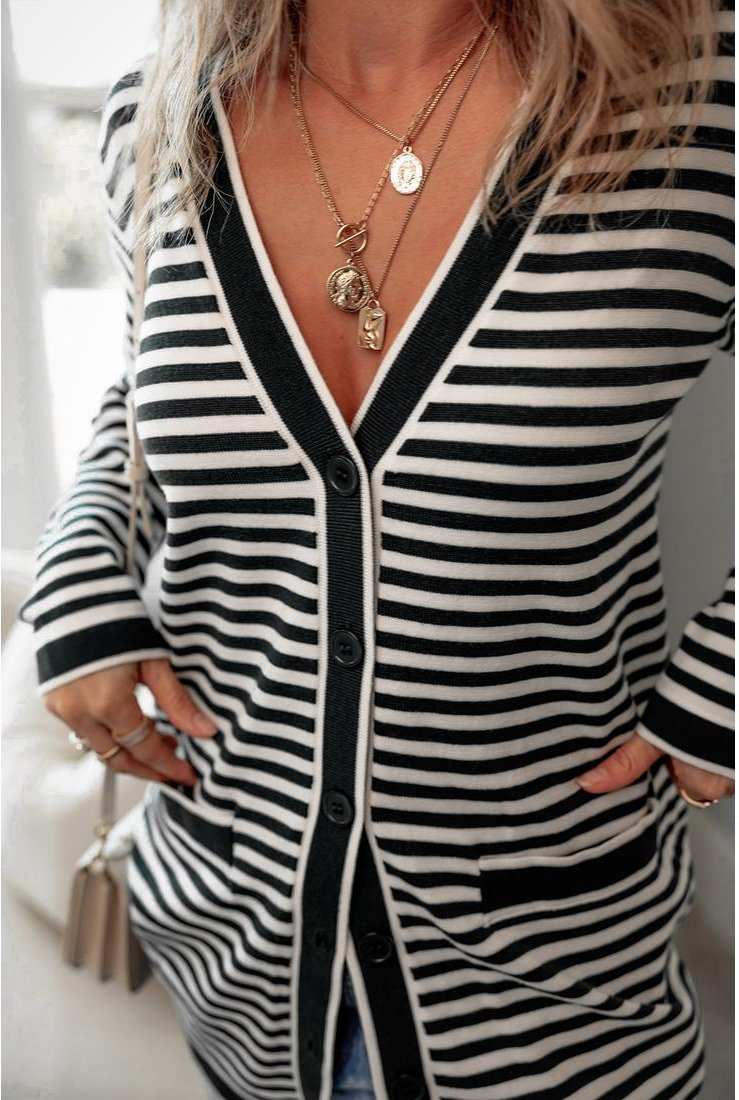 Thumbnail - Schwarzgestreifter Langarm-Button-Up Tunika-Cardigan