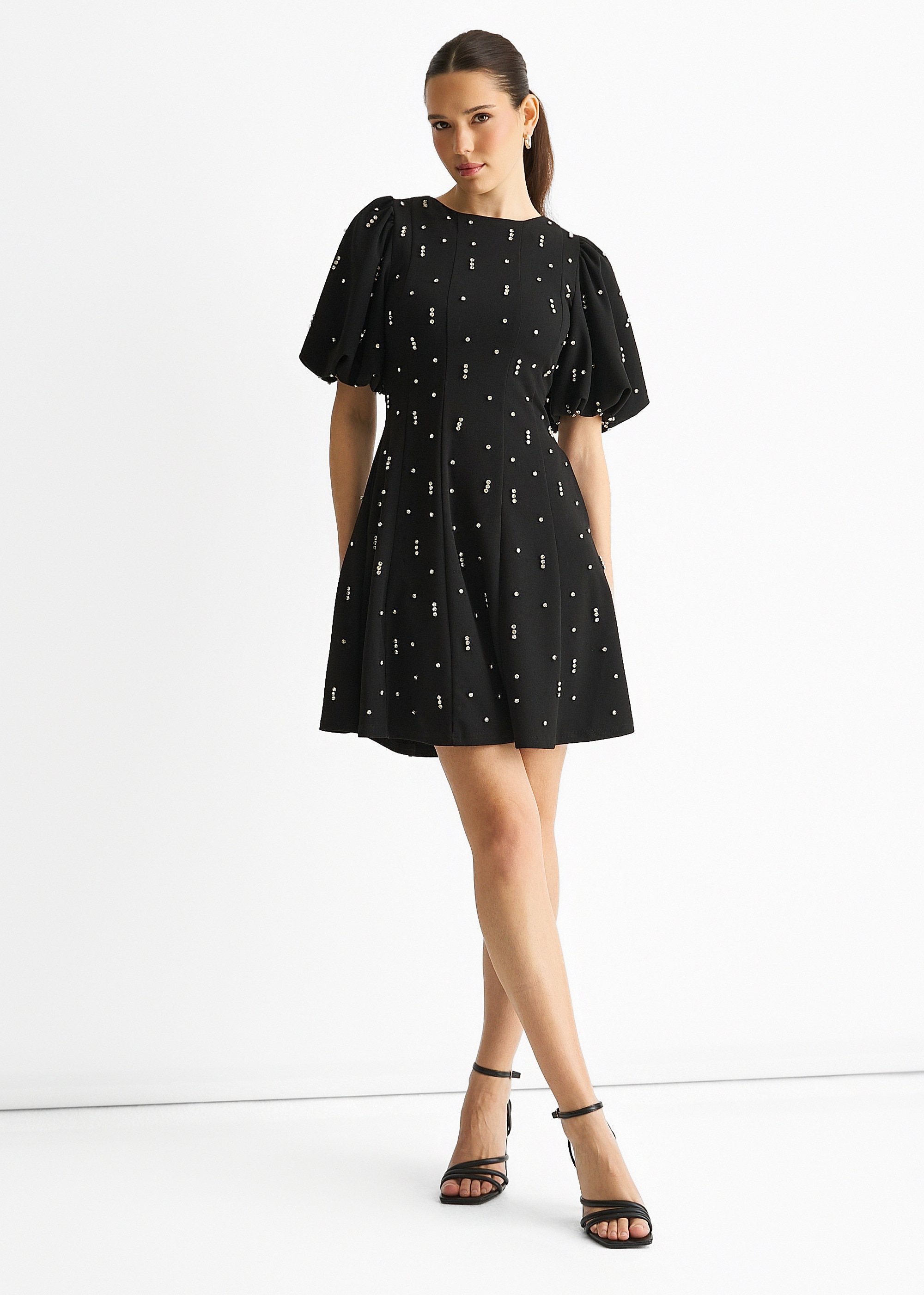 Schwarzer Diamantenbesatz Puffärmel dehnbares Minikleid