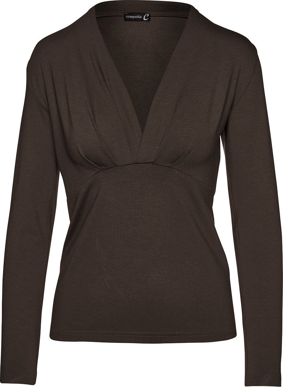 Jersey-Oberteil mit tiefem V-Ausschnitt und langen Ärmeln in Schokoladenbraun