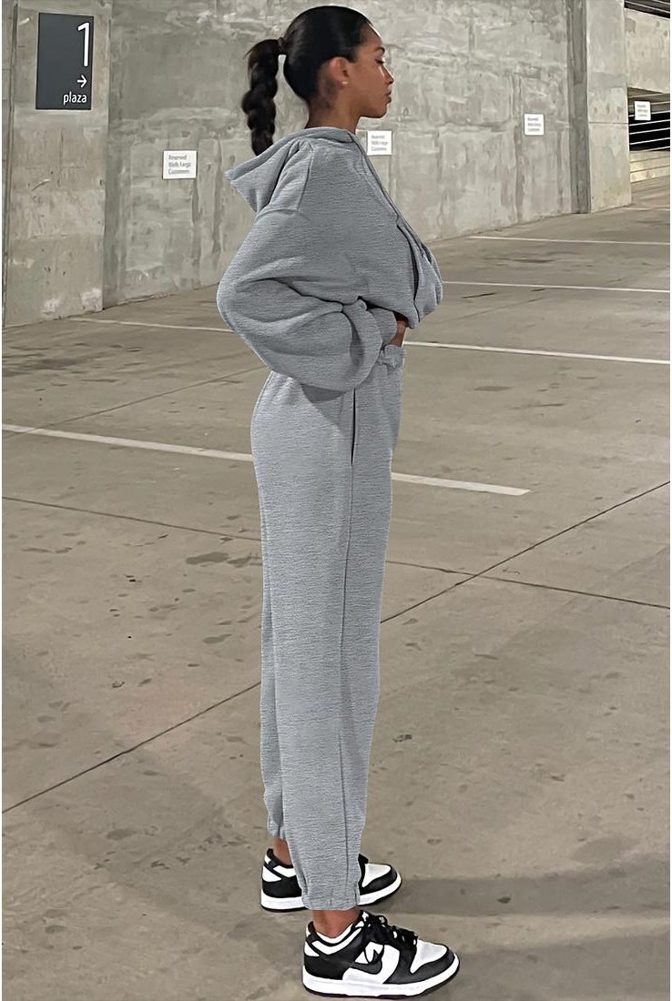 Thumbnail - Grau Unifarbener Hoodie mit Fallenden Schultern und Jogginghose Activewear Set