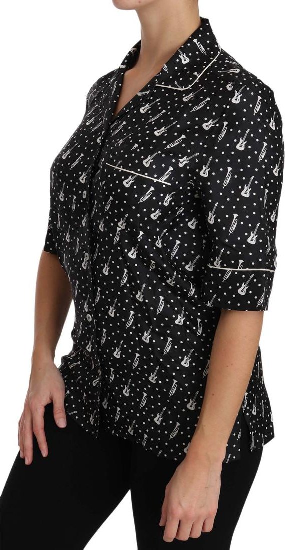 Dolce & Gabbana Damen Seidenhemd mit schwarzem Gitarren- und Trompetendruck