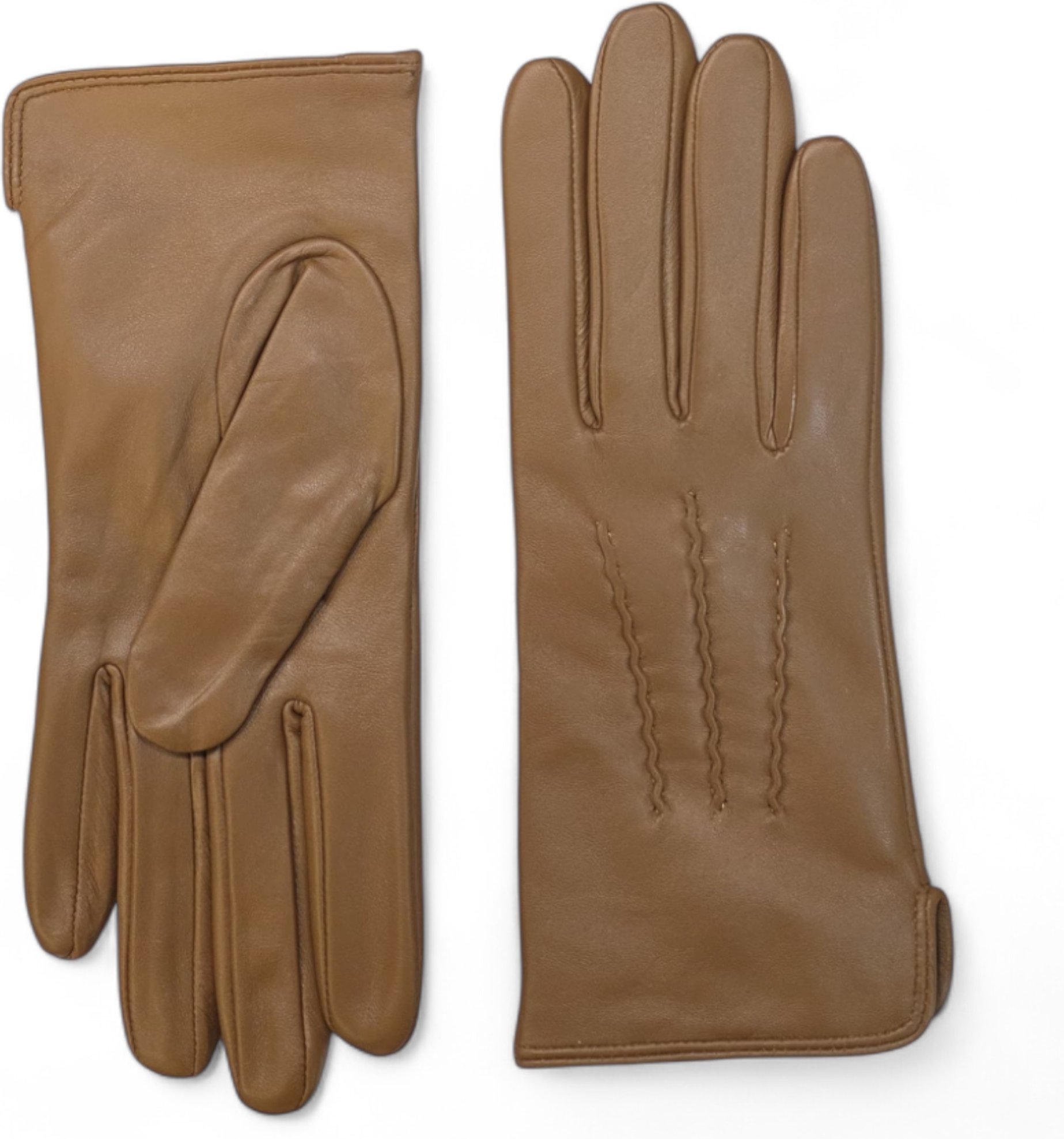 Damen-Fahrhandschuhe aus hellbraunem italienischem Leder mit weichem Wollfutter und Winter-Ziernahtdesign