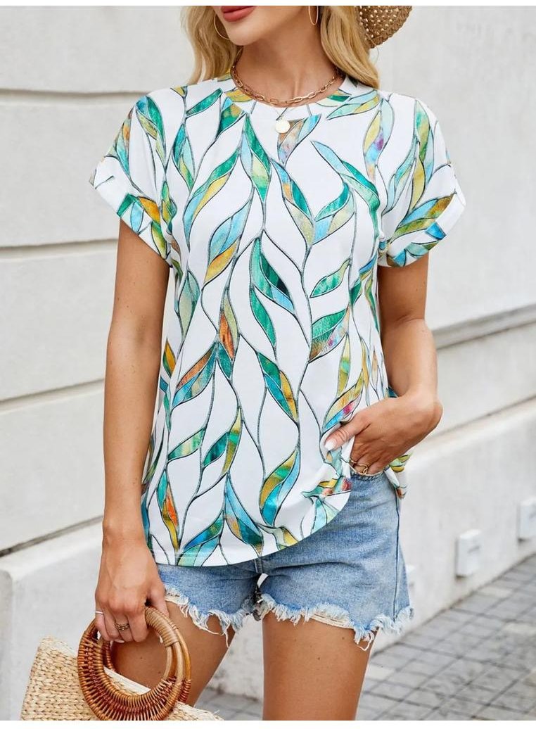 Damen Bedrucktes Rundhals Kurzarmshirt