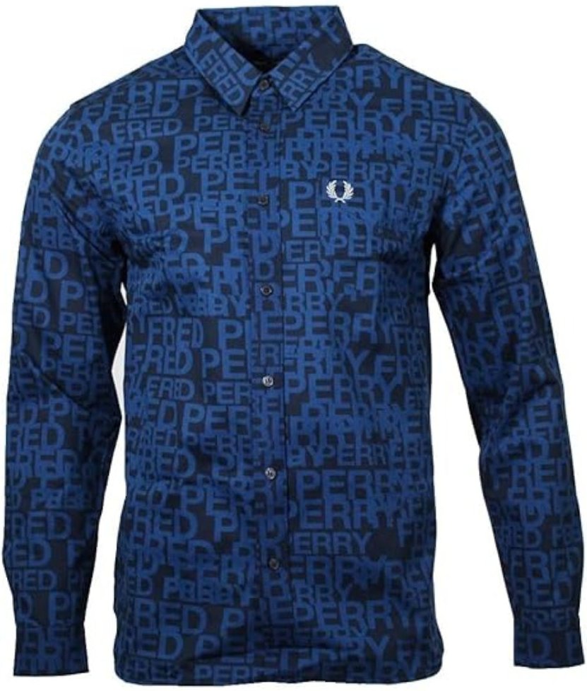 Thumbnail - Fred Perry - Langärmliges Hemd mit Allover-Logo in schattiertem Kobaltblau