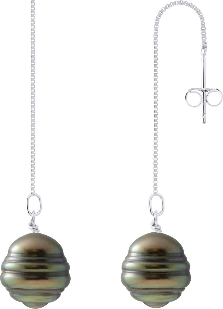 Hängende Ohrringe – 2 echte Tahiti-Zuchtperlen, eingekreist, 10–11 mm