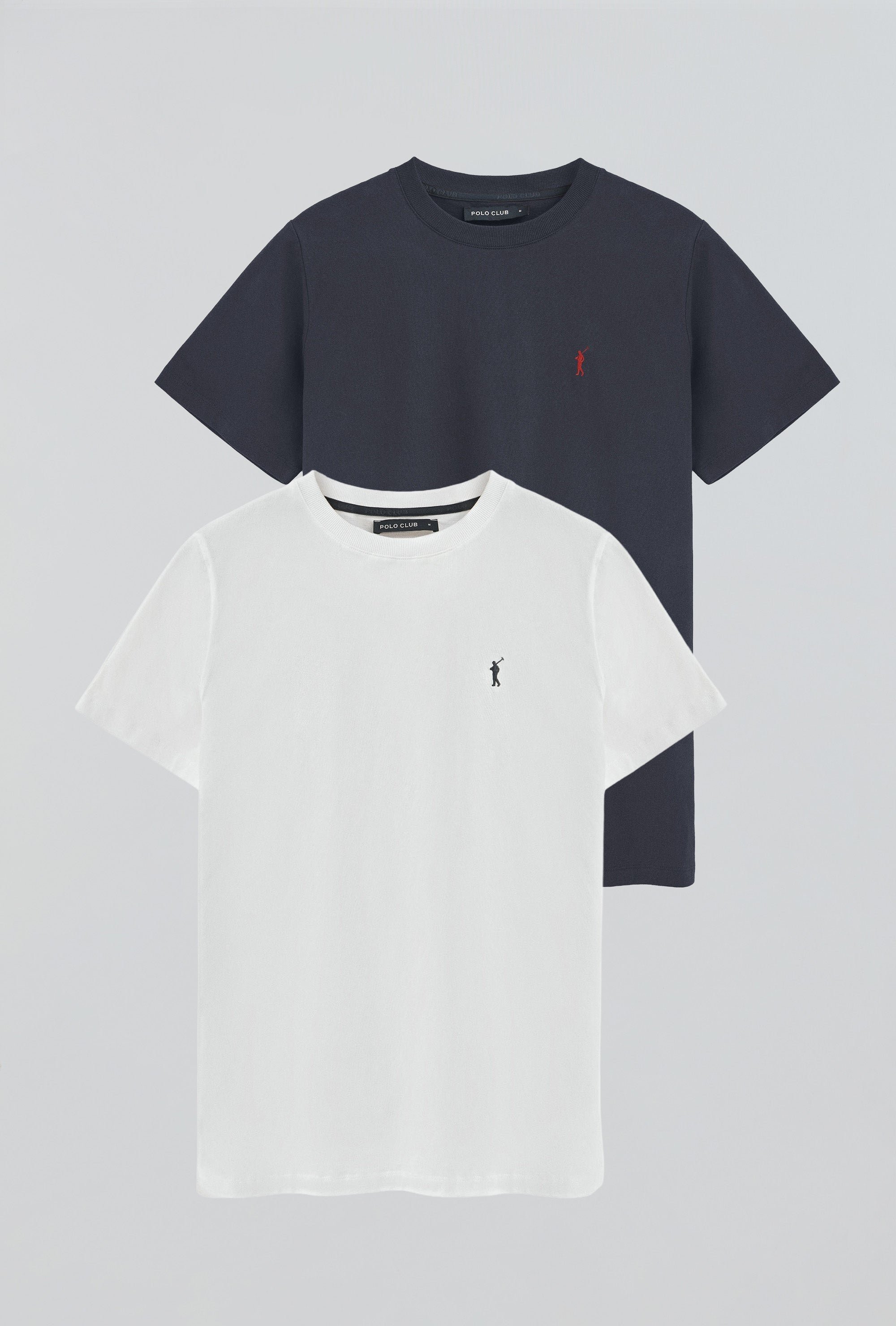 Zweierpack Herren-T-Shirts marineblau und weiß mit Rundhalsausschnitt und gesticktem Rigby Go-Logo