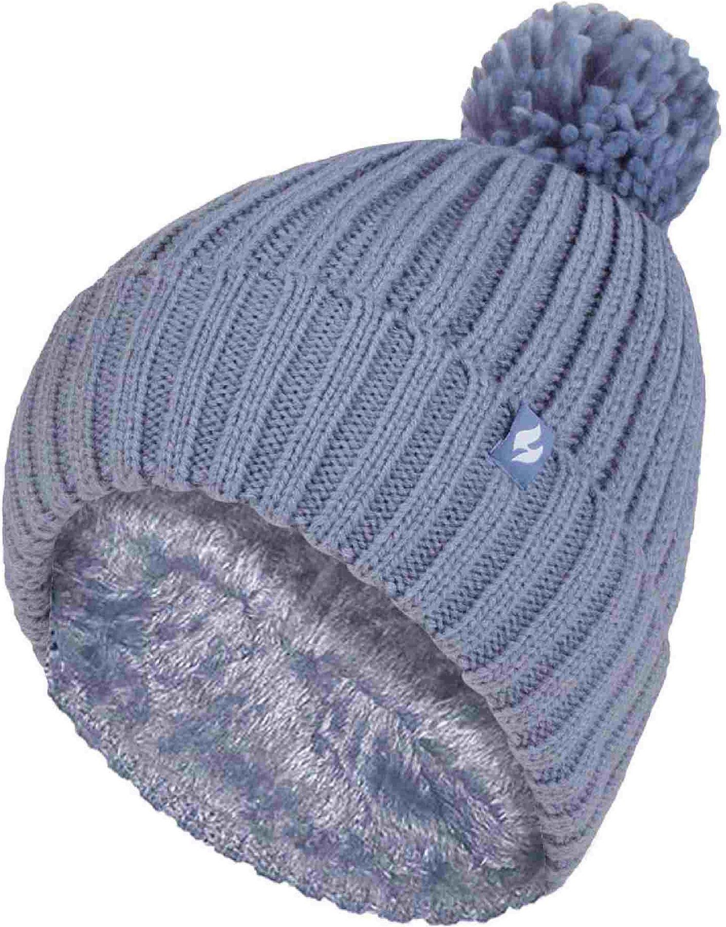 Damen Rippenmuster Umschlagmütze mit thermoisolierender Winter-Pompon-Bobble