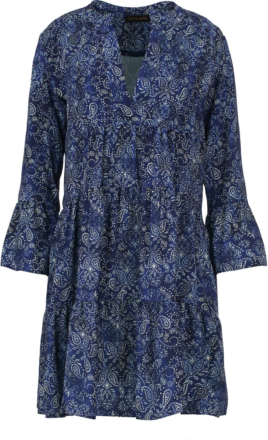 Blaues Paisley A-Linien-Kleid mit Glockenärmeln