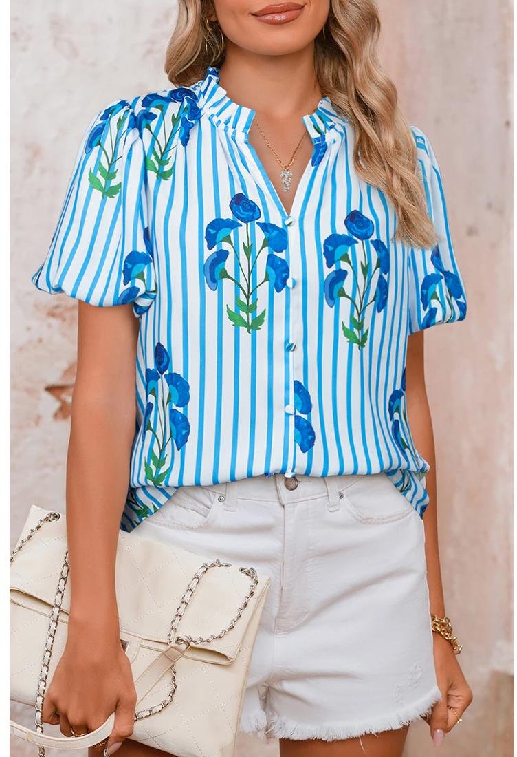 Himmelblau gestreifte florale kurzärmlige Bluse mit Knopfleiste und Rüschensaum