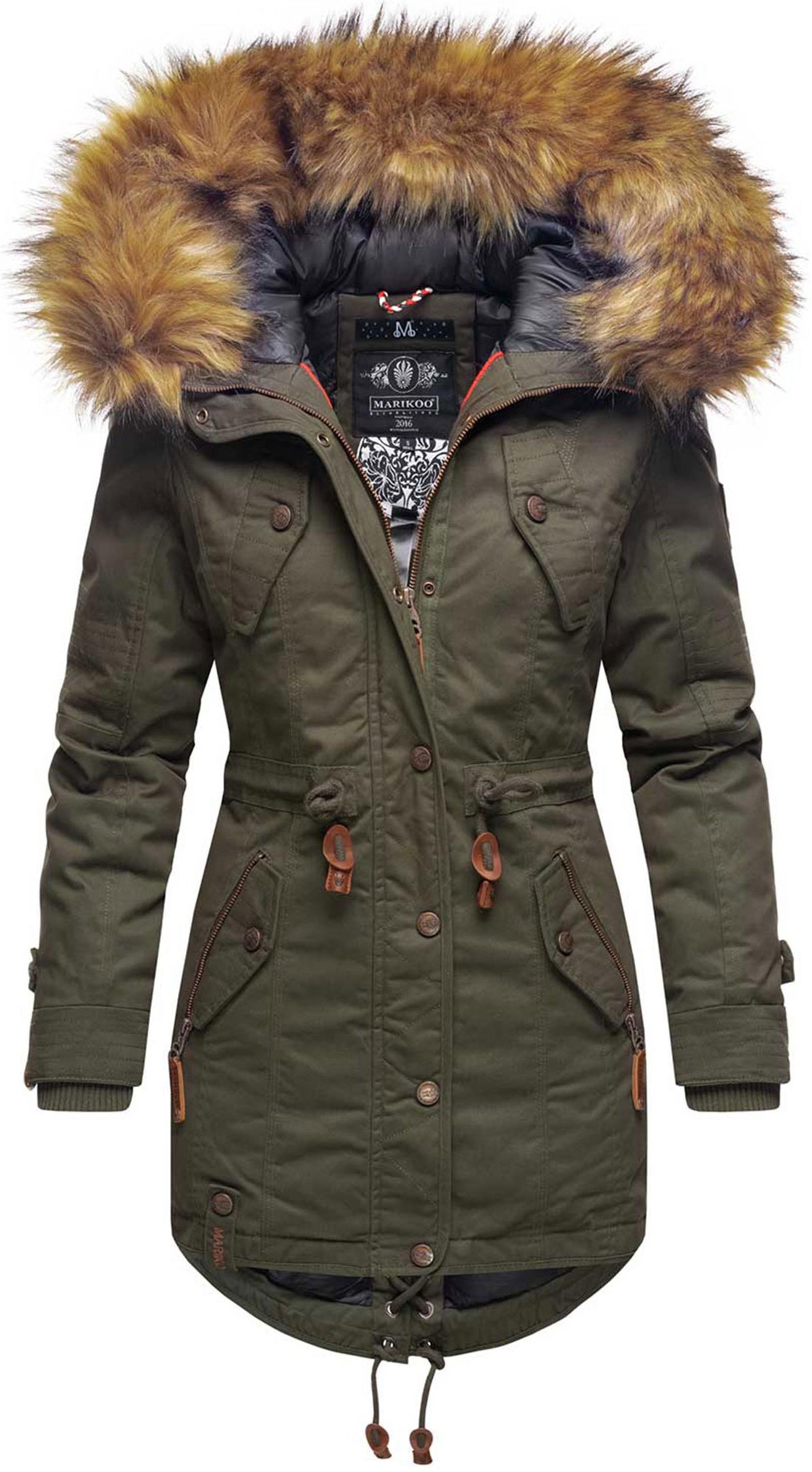 Marikoo Damen Winterjacke mit abnehmbarem Kunstfellkragen & Taillenzug