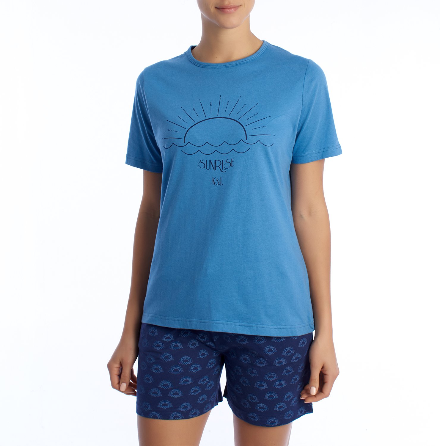 Damen-Sommerpyjama aus 100 % Baumwolle KL40000 Kurzarm-T-Shirt und Shorts, Frühlings-Sommerpyjama